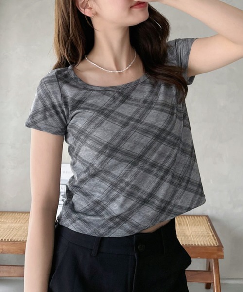 Eclat one(エクラワン)の「【Eclat one】シアー チェック ラウンドネック Tシャツ ◎(Tシャツ/カットソー・レディース・グレー/ブルー/ライトベージュ・FREE)」の2枚目の写真