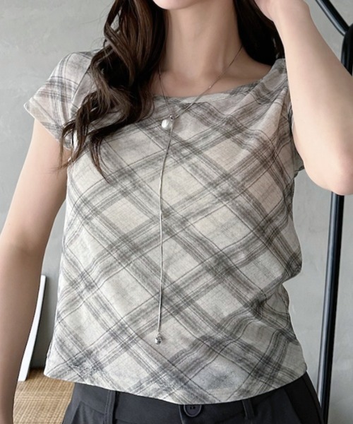 Eclat one(エクラワン)の「【Eclat one】シアー チェック ラウンドネック Tシャツ ◎(Tシャツ/カットソー・レディース・グレー/ブルー/ライトベージュ・FREE)」の3枚目の写真