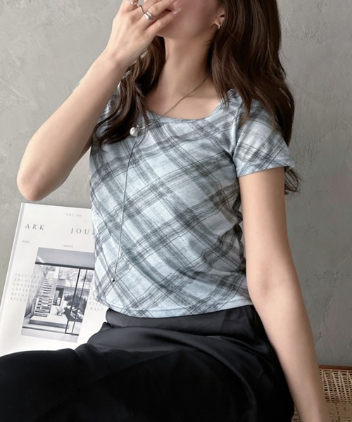 Eclat one(エクラワン)の「【Eclat one】シアー チェック ラウンドネック Tシャツ ◎(Tシャツ/カットソー・レディース・グレー/ブルー/ライトベージュ・FREE)」の1枚目の写真