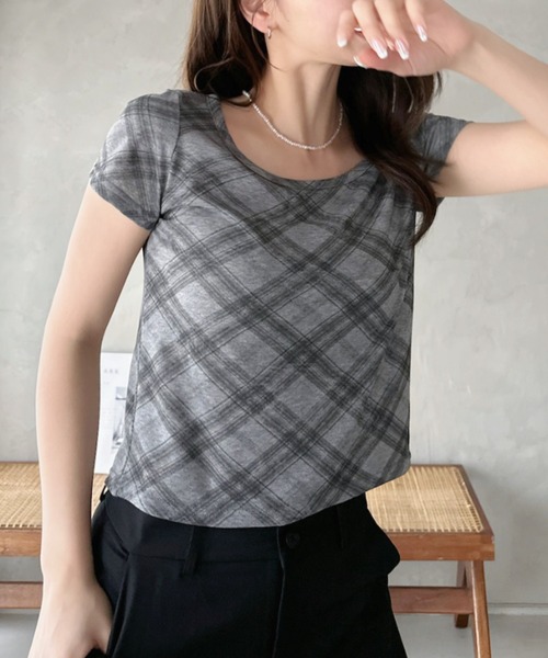 Eclat one(エクラワン)の「【Eclat one】シアー チェック ラウンドネック Tシャツ ◎(Tシャツ/カットソー・レディース・グレー/ブルー/ライトベージュ・FREE)」の9枚目の写真