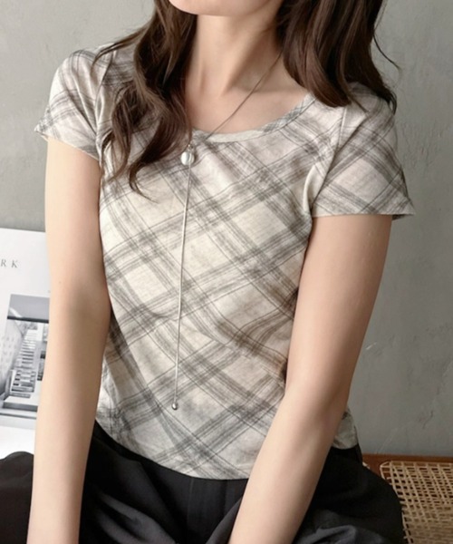 Eclat one(エクラワン)の「【Eclat one】シアー チェック ラウンドネック Tシャツ ◎(Tシャツ/カットソー・レディース・グレー/ブルー/ライトベージュ・FREE)」の12枚目の写真