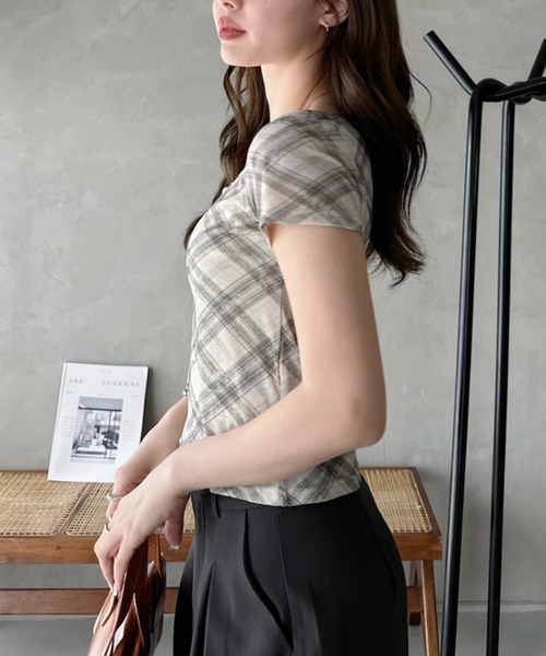 Eclat one(エクラワン)の「【Eclat one】シアー チェック ラウンドネック Tシャツ ◎(Tシャツ/カットソー・レディース・グレー/ブルー/ライトベージュ・FREE)」の13枚目の写真