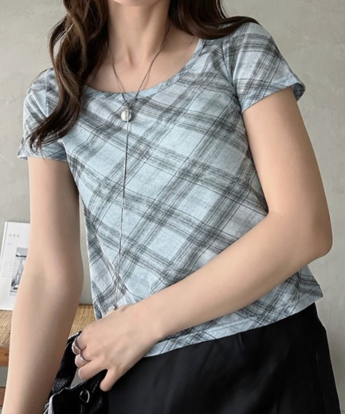 Eclat one(エクラワン)の「【Eclat one】シアー チェック ラウンドネック Tシャツ ◎(Tシャツ/カットソー・レディース・グレー/ブルー/ライトベージュ・FREE)」の4枚目の写真