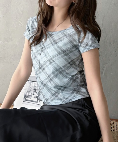 Eclat one(エクラワン)の「【Eclat one】シアー チェック ラウンドネック Tシャツ ◎(Tシャツ/カットソー・レディース・グレー/ブルー/ライトベージュ・FREE)」の16枚目の写真