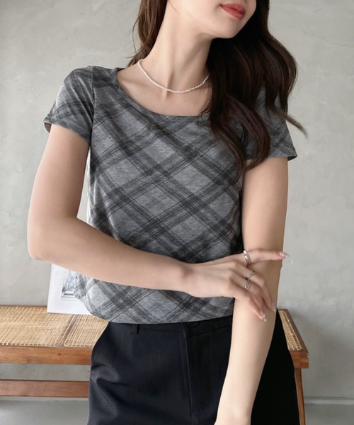 Eclat one(エクラワン)の「【Eclat one】シアー チェック ラウンドネック Tシャツ ◎(Tシャツ/カットソー・レディース・グレー/ブルー/ライトベージュ・FREE)」の5枚目の写真