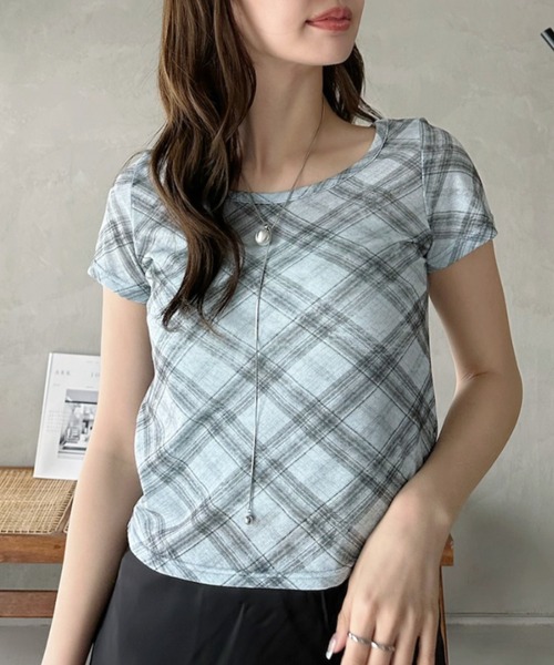 Eclat one(エクラワン)の「【Eclat one】シアー チェック ラウンドネック Tシャツ ◎(Tシャツ/カットソー・レディース・グレー/ブルー/ライトベージュ・FREE)」の21枚目の写真