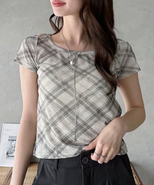 Eclat one(エクラワン)の「【Eclat one】シアー チェック ラウンドネック Tシャツ ◎(Tシャツ/カットソー・レディース・グレー/ブルー/ライトベージュ・FREE)」の20枚目の写真