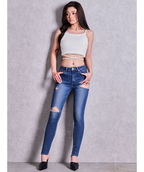 GYDA（ジェイダ）の「ミドルウエストSIDE RIPPEDスキニーデニムパンツ（デニムパンツ・レディース・インディゴブルー・SMALL/X-SMALL/MEDIUM）」の6枚目の写真