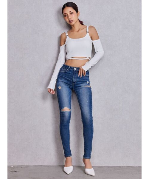 GYDA（ジェイダ）の「ミドルウエストSIDE RIPPEDスキニーデニムパンツ（デニムパンツ・レディース・インディゴブルー・SMALL/X-SMALL/MEDIUM）」の10枚目の写真