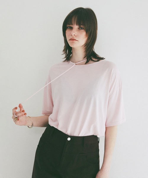 CLANE（クラネ）の「DROOP THIN CODE SOFT TOPS（Tシャツ/カットソー・レディース・ブラック/ホワイト/ピンク・F）」の14枚目の写真