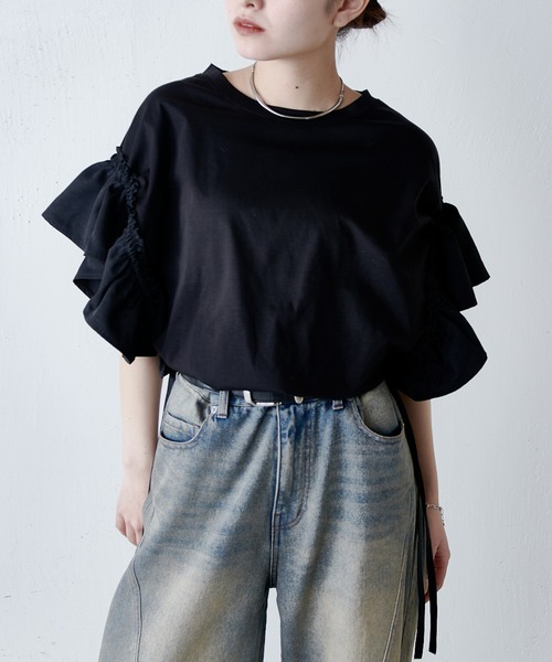 Lui's(ルイス)の「袖別布ドロストフリルプルオーバーTシャツ(Tシャツ/カットソー・レディース・ブラック/チャコールグレー/オフホワイト・FREE)」の10枚目の写真