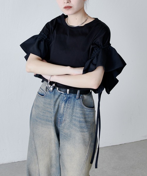 Lui's(ルイス)の「袖別布ドロストフリルプルオーバーTシャツ(Tシャツ/カットソー・レディース・ブラック/チャコールグレー/オフホワイト・FREE)」の11枚目の写真