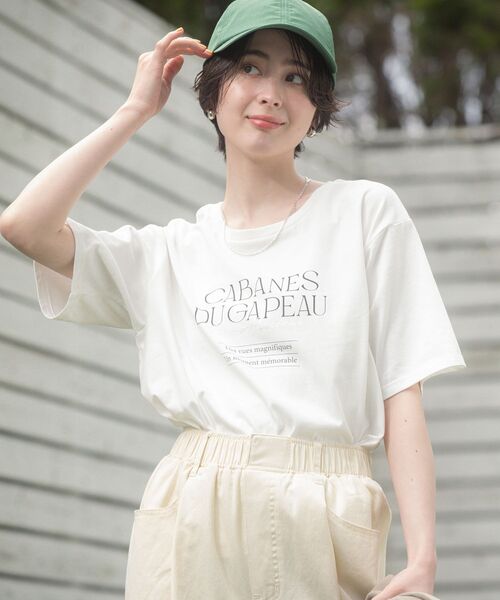 Green Parks(グリーンパークス)の「【適ON】【遮熱・接触冷感・UVカット】多段きれい目ロゴTシャツ(Tシャツ/カットソー・レディース・オフホワイト/チャコールグレー/ベージュ・FREE)」の9枚目の写真