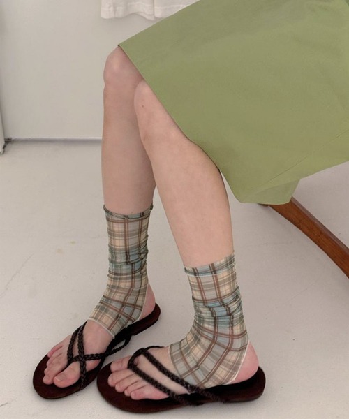 HOOK(フック)の「HOOK for girls Y2K チェック柄シアートレンカタイプレッグウォーマー(レッグウォーマー・レディース・ベージュ/パープル/ブルー/ピンク・FREE)」の3枚目の写真