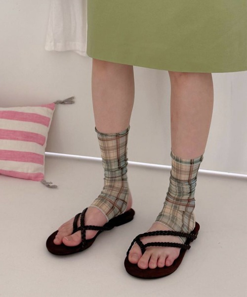 HOOK(フック)の「HOOK for girls Y2K チェック柄シアートレンカタイプレッグウォーマー(レッグウォーマー・レディース・ベージュ/パープル/ブルー/ピンク・FREE)」の14枚目の写真