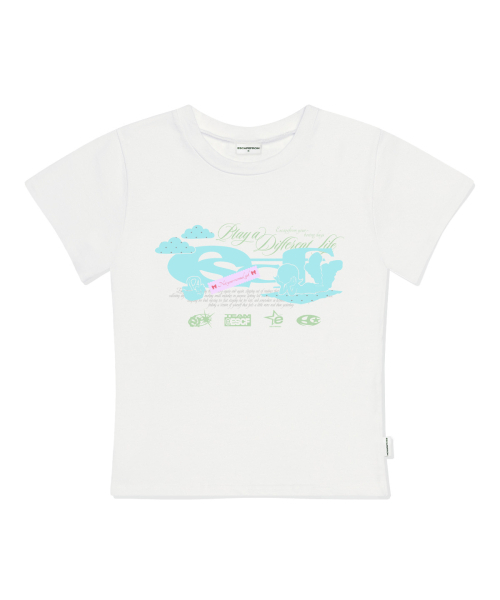 ESCAPEFROM(エスケープフロム)の「ピクニックガール ESCFロゴコラージュプリントスリムフィット半袖Tシャツアイボリー(Tシャツ/カットソー・レディース・その他・LARGE/MEDIUM)」の1枚目の写真