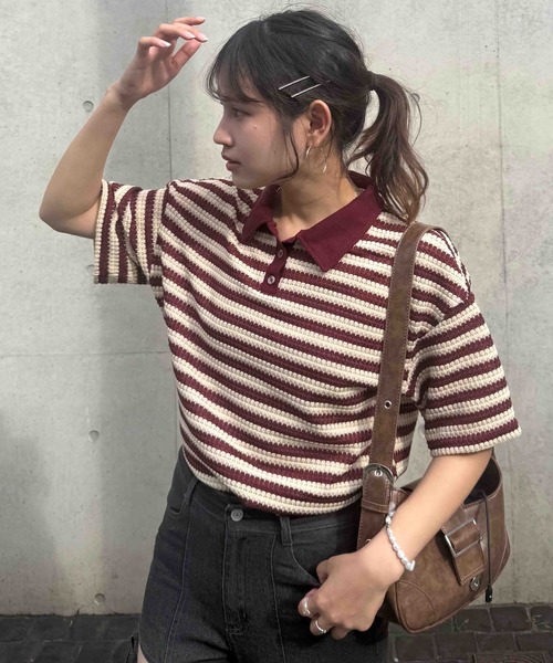 AS KNOW AS plus(アズノゥアズプラス)の「☆クロシェ風半袖ポロプルオーバー【UNISEX ITEM】(ポロシャツ・レディース・ボルドー/ブラウン/ブラック・FREE)」の1枚目の写真