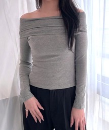 リブニット オフショルダー 長袖 タイトトップス