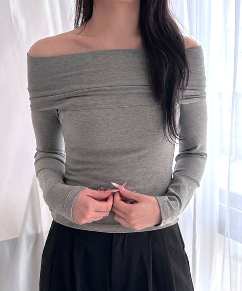 merrylatte（メリーラテ）の「リブニット  オフショルダー 長袖 タイトトップス（その他トップス・レディース・グレー/ピンク/ブラック・FREE）」の4枚目の写真