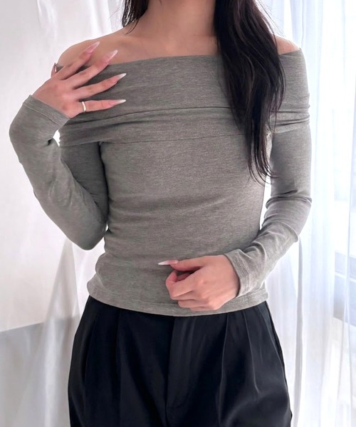 merrylatte（メリーラテ）の「リブニット  オフショルダー 長袖 タイトトップス（その他トップス・レディース・グレー/ピンク/ブラック・FREE）」の5枚目の写真