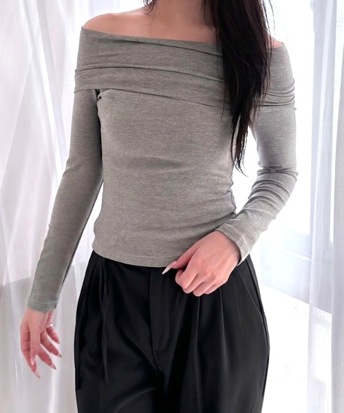 merrylatte（メリーラテ）の「リブニット  オフショルダー 長袖 タイトトップス（その他トップス・レディース・グレー/ピンク/ブラック・FREE）」の8枚目の写真