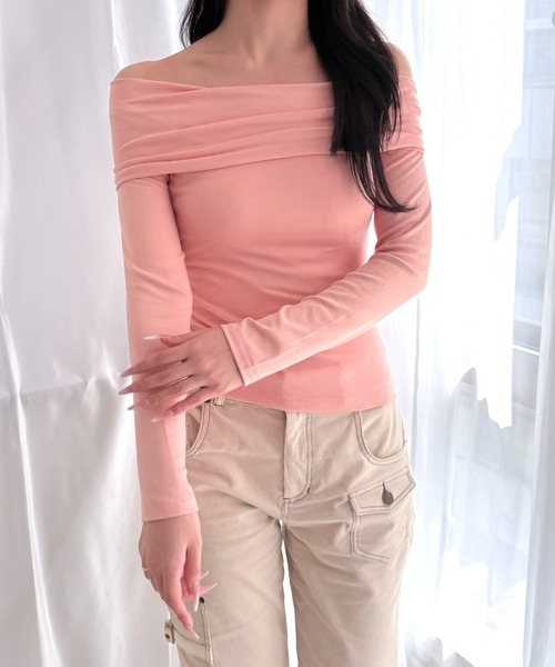 merrylatte（メリーラテ）の「リブニット  オフショルダー 長袖 タイトトップス（その他トップス・レディース・グレー/ピンク/ブラック・FREE）」の13枚目の写真