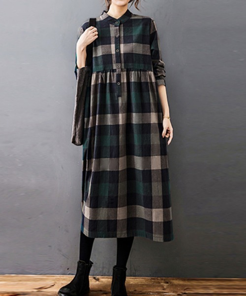 ReRe(リリ)の「チェック柄ロング丈シャツワンピース(シャツワンピース・レディース・ブラック/レッド/グリーン・MEDIUM/LARGE/X-LARGE)」の6枚目の写真