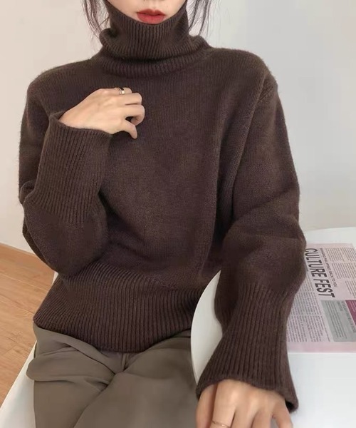 Beststore(ベストストア)の「【全10色】もっちりあったか ハイネック リブニット トップス 長袖 レディース 秋冬(ニット/セーター・レディース・ワインレッド/グレー/ブラウン/パープル/ブラック/ダークグリーン/ベージュ系/ダークブルー/オフホワイト/オレンジ・FREE)」の4枚目の写真