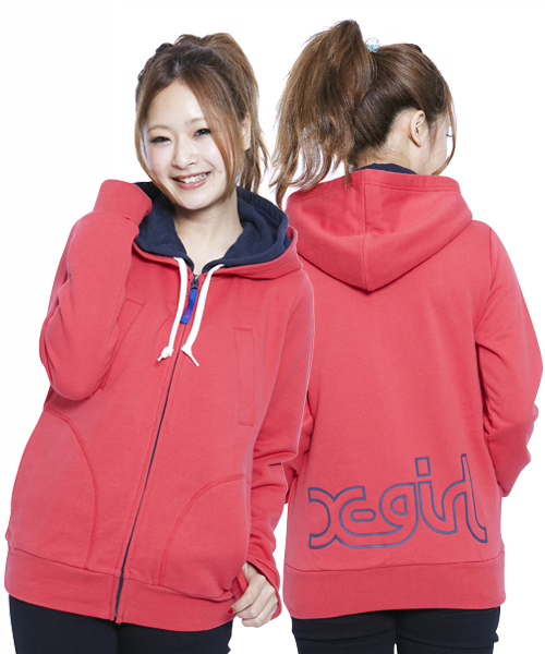 X-girl（エックスガール）の「SWEAT DOUBLE HOODIE（パーカー・レディース・ブラック/アッシュグレー/グリーン/ネイビー/パープル/ピンク/レッド・1/2）」の7枚目の写真