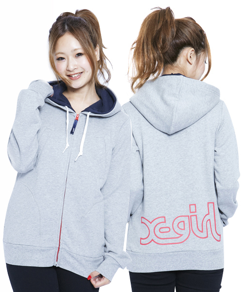 X-girl（エックスガール）の「SWEAT DOUBLE HOODIE（パーカー・レディース・ブラック/アッシュグレー/グリーン/ネイビー/パープル/ピンク/レッド・1/2）」の3枚目の写真