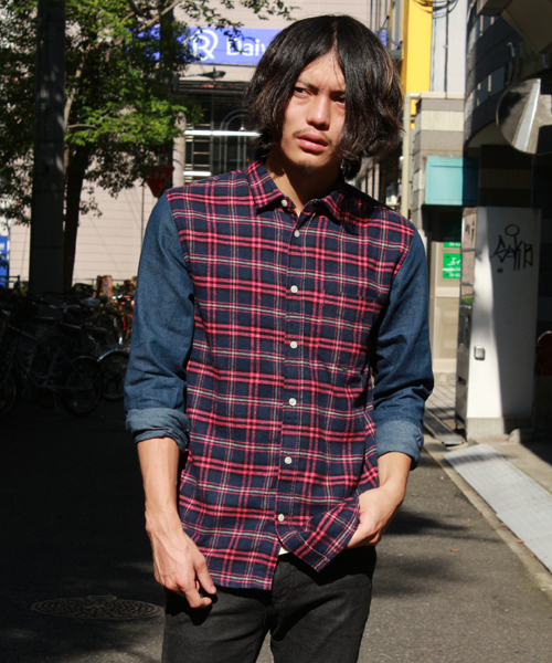 WEGO（ウィゴー）の「WEGO/デニムスリーブチェックシャツ（シャツ/ブラウス・メンズ・グリーン/ピンク・MEDIUM/LARGE）」の2枚目の写真