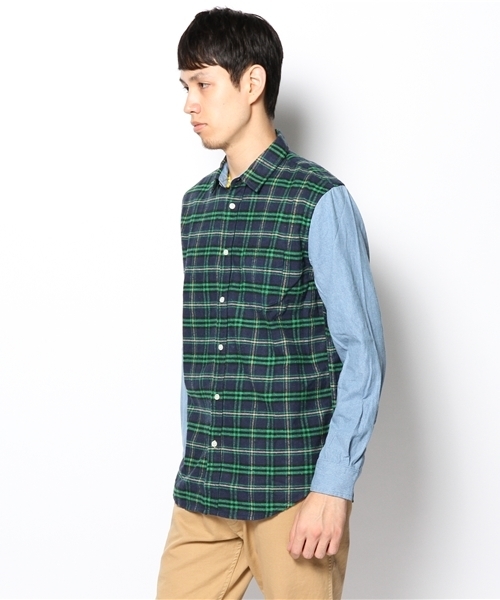 WEGO（ウィゴー）の「WEGO/デニムスリーブチェックシャツ（シャツ/ブラウス・メンズ・グリーン/ピンク・MEDIUM/LARGE）」の4枚目の写真