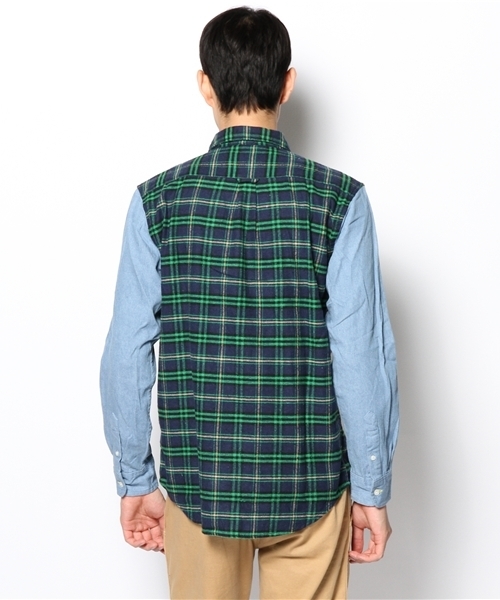 WEGO（ウィゴー）の「WEGO/デニムスリーブチェックシャツ（シャツ/ブラウス・メンズ・グリーン/ピンク・MEDIUM/LARGE）」の5枚目の写真