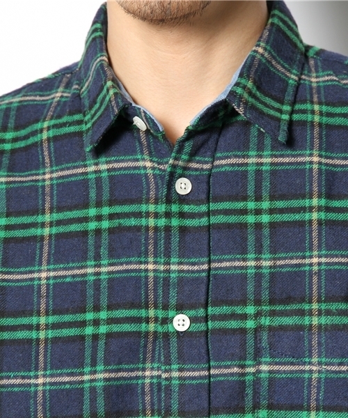 WEGO（ウィゴー）の「WEGO/デニムスリーブチェックシャツ（シャツ/ブラウス・メンズ・グリーン/ピンク・MEDIUM/LARGE）」の6枚目の写真