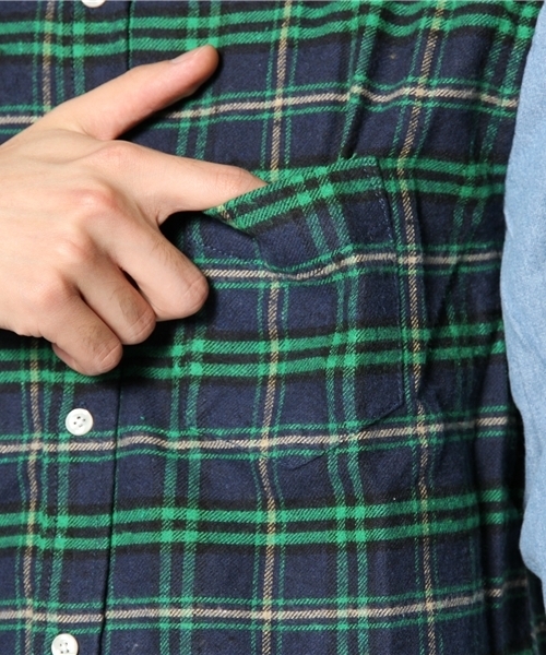 WEGO（ウィゴー）の「WEGO/デニムスリーブチェックシャツ（シャツ/ブラウス・メンズ・グリーン/ピンク・MEDIUM/LARGE）」の8枚目の写真