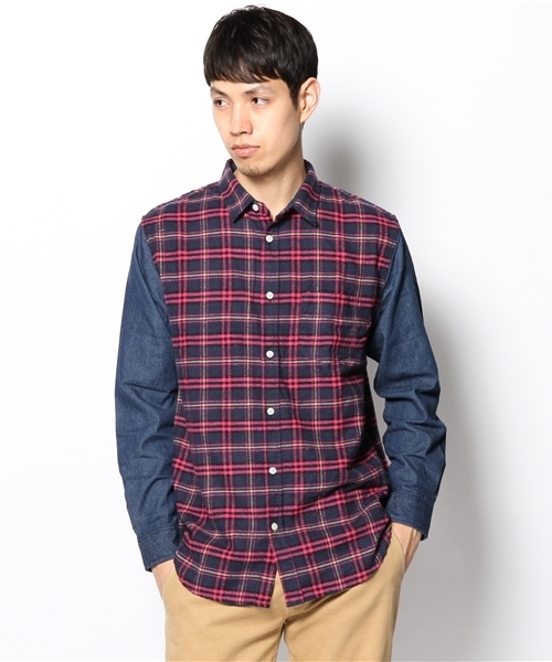 WEGO（ウィゴー）の「WEGO/デニムスリーブチェックシャツ（シャツ/ブラウス・メンズ・グリーン/ピンク・MEDIUM/LARGE）」の11枚目の写真