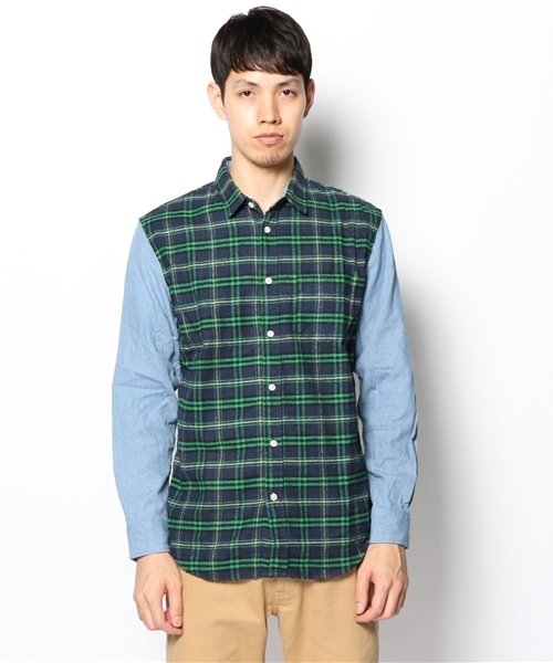 WEGO（ウィゴー）の「WEGO/デニムスリーブチェックシャツ（シャツ/ブラウス・メンズ・グリーン/ピンク・MEDIUM/LARGE）」の14枚目の写真