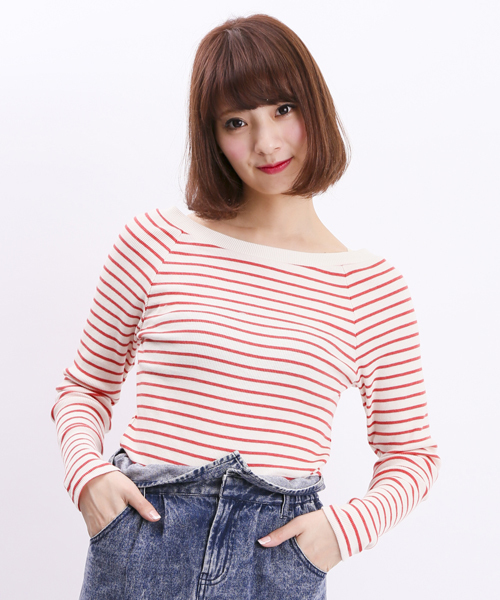 WEGO（ウィゴー）の「WEGO/オフショルダーボーダーセーター（ニット/セーター・レディース・サックスブルー/レッド/ブラック/ネイビー・FREE）」の11枚目の写真