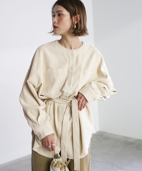select MOCA（セレクトモカ）の「ランダムコーデュロイノーカラーシャツJK（ノーカラージャケット・レディース・アイボリー/ライトベージュ・FREE）」の2枚目の写真