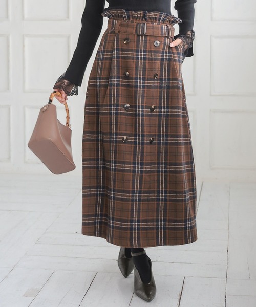 KOBE LETTUCE（コウベレタス）の「ベルト付きウエストフリルチェックスカート（スカート・レディース・グリーン系その他/グレー系その他/ブラウン系その他・FREE）」の2枚目の写真