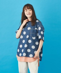 CUBE SUGAR | 抜染ドットプリント デニム クルーネック Ｔシャツ(Tシャツ/カットソー)