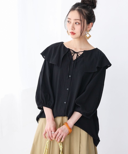 osharewalker（オシャレウォーカー）の「【廃盤】『ドロストフリル襟コットンガーゼブラウス』（シャツ/ブラウス・レディース・ブラック/オフホワイト/グリーン・FREE）」の3枚目の写真