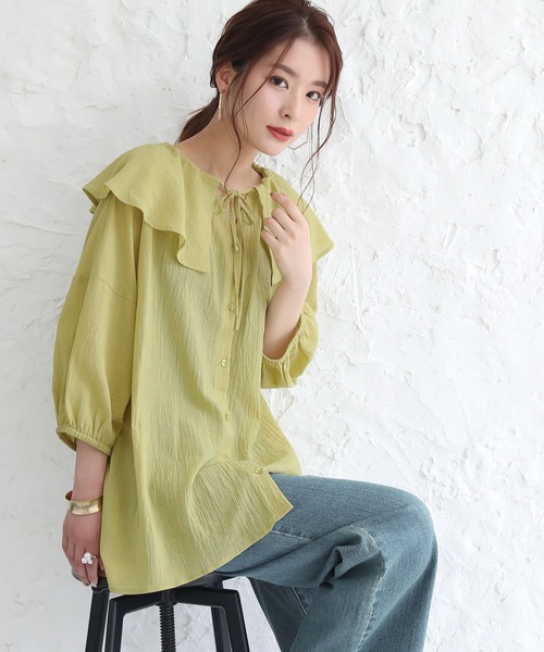 osharewalker（オシャレウォーカー）の「【廃盤】『ドロストフリル襟コットンガーゼブラウス』（シャツ/ブラウス・レディース・ブラック/オフホワイト/グリーン・FREE）」の8枚目の写真