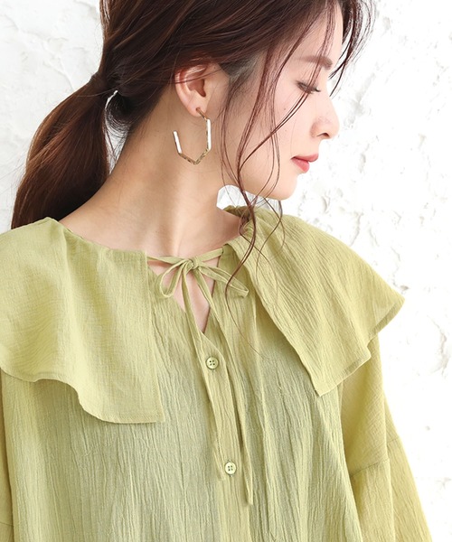 osharewalker（オシャレウォーカー）の「【廃盤】『ドロストフリル襟コットンガーゼブラウス』（シャツ/ブラウス・レディース・ブラック/オフホワイト/グリーン・FREE）」の9枚目の写真