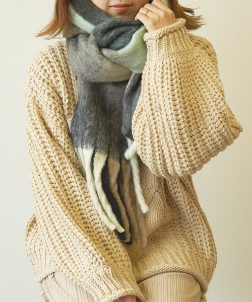 Mayree（メイリー）の「【Mayree】ボリュームフリンジチェック柄マフラー（マフラー・レディース・パープル/イエロー/グリーン・FREE）」の20枚目の写真