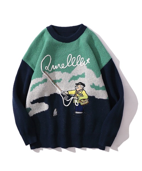 HOOK（フック）の「【HOOK】レトロ調古着風パッチワーク刺繍ニット（ニット/セーター・メンズ・ネイビー/イエロー・M/L/XL/XXL）」の13枚目の写真