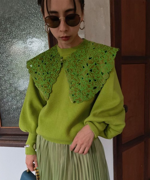 Ameri（アメリ）の「UND RENEE VELOUR COLLAR KNIT（ニット/セーター・レディース・オレンジ/ブラック/グリーン・FREE）」の21枚目の写真