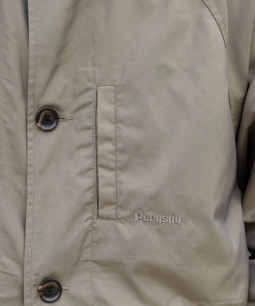 Perushu(ペルーシュ)の「玉虫色ステンカラーコート(ステンカラーコート・メンズ・ベージュ/オリーブ/グレイッシュブルー・MEDIUM/LARGE)」の15枚目の写真