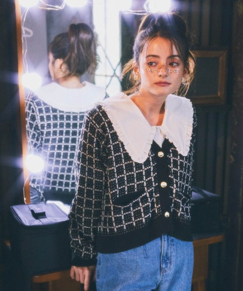 earth music&ecology（アースミュージックアンドエコロジー）の「ニットツイードカーディガン（カーディガン/ボレロ・レディース・ブラック/サックスブルー・FREE）」の12枚目の写真