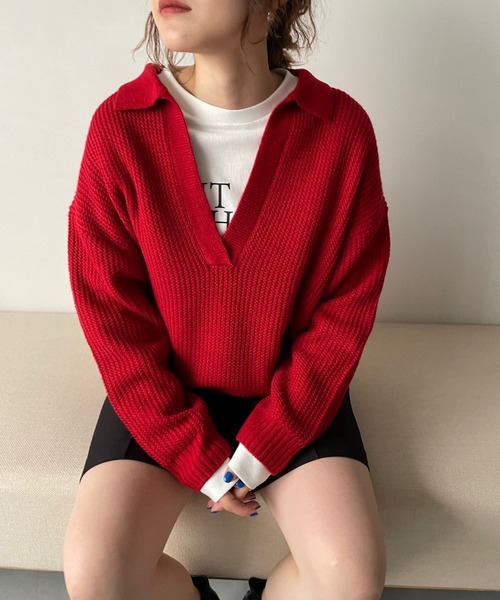 LOWRYS FARM（ローリーズファーム）の「エリツキスキッパープルオーバー　284718（ニット/セーター・レディース・ブラック/グリーン/アイボリー/レッド/オレンジ・FREE）」の7枚目の写真